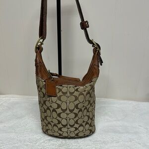 Vintage Coach Bucket Bag Brown Signature Shoulder/ Crossbody with Leather Trim
